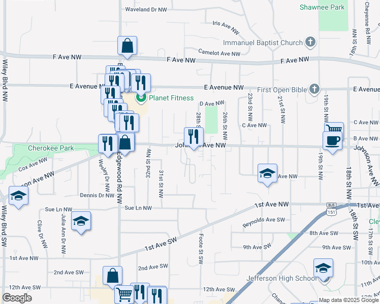 map of restaurants, bars, coffee shops, grocery stores, and more near 2835 Johnson Ave NW in Cedar Rapids
