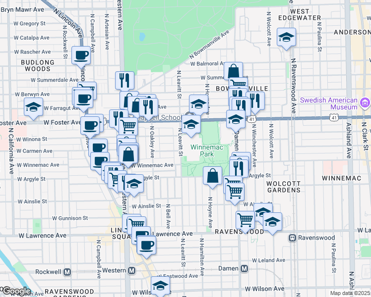 map of restaurants, bars, coffee shops, grocery stores, and more near 5105 North Leavitt Street in Chicago