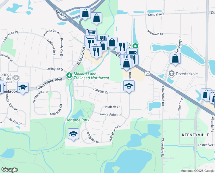 map of restaurants, bars, coffee shops, grocery stores, and more near 5574 Court F in Hanover Park