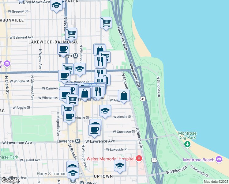 map of restaurants, bars, coffee shops, grocery stores, and more near 5040 North Marine Drive in Chicago