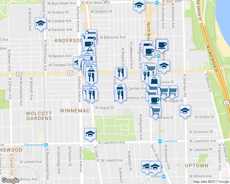 map of restaurants, bars, coffee shops, grocery stores, and more near 5063 North Glenwood Avenue in Chicago