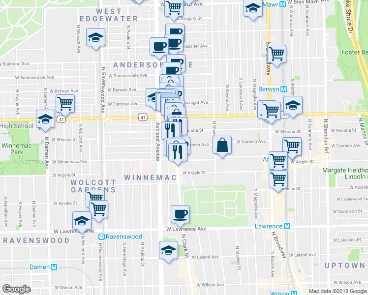 map of restaurants, bars, coffee shops, grocery stores, and more near 1472 West Carmen Avenue in Chicago