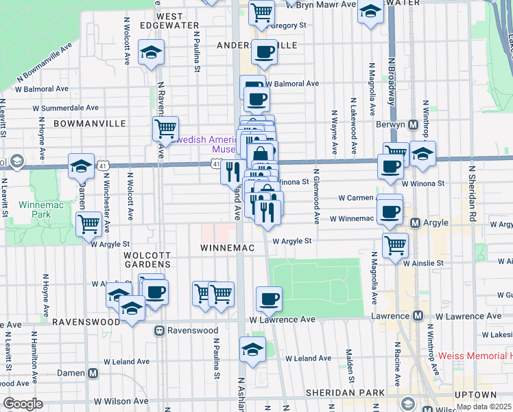 map of restaurants, bars, coffee shops, grocery stores, and more near 1516 West Carmen Avenue in Chicago