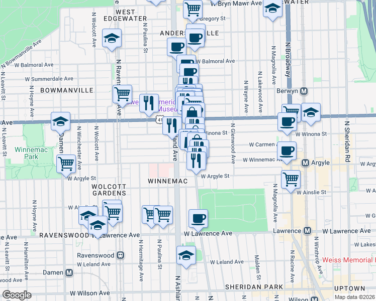 map of restaurants, bars, coffee shops, grocery stores, and more near 1516 West Carmen Avenue in Chicago