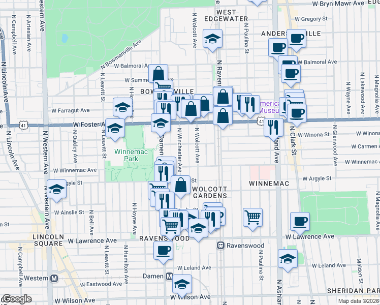 map of restaurants, bars, coffee shops, grocery stores, and more near 1901 West Winona Street in Chicago