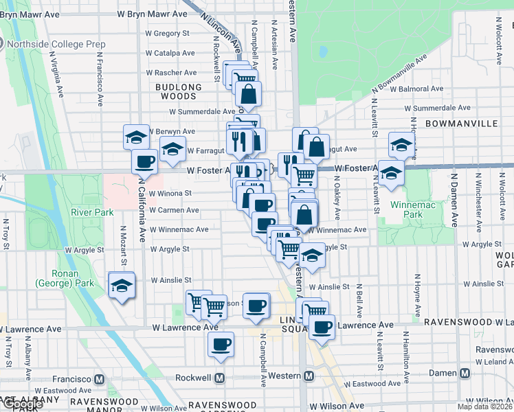 map of restaurants, bars, coffee shops, grocery stores, and more near 5111 North Lincoln Avenue in Chicago