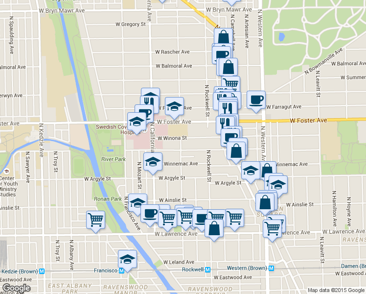 map of restaurants, bars, coffee shops, grocery stores, and more near 2651 West Winona Street in Chicago