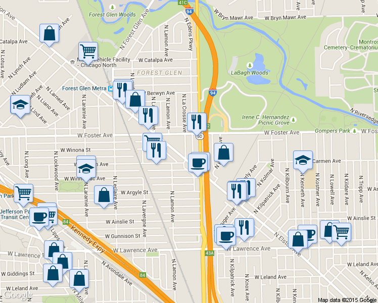 map of restaurants, bars, coffee shops, grocery stores, and more near 5130 North Cicero Avenue in Chicago