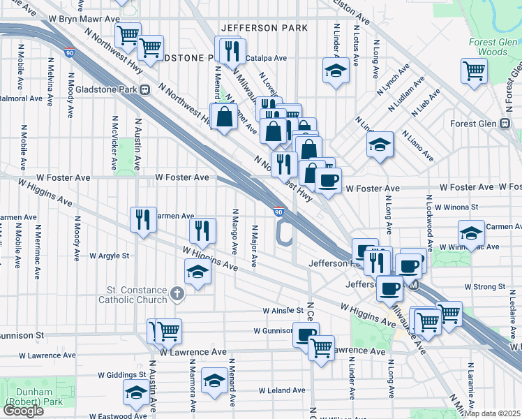 map of restaurants, bars, coffee shops, grocery stores, and more near 5118 North Major Avenue in Chicago