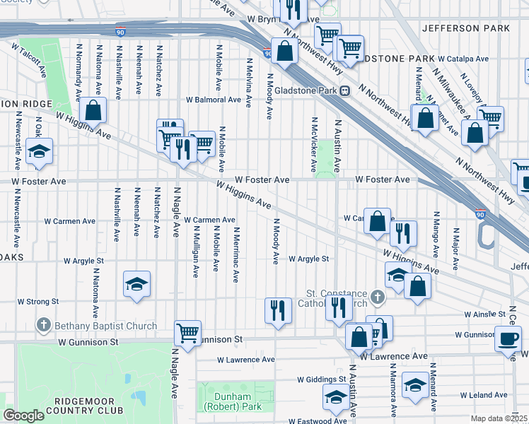 map of restaurants, bars, coffee shops, grocery stores, and more near 6161 West Higgins Avenue in Chicago