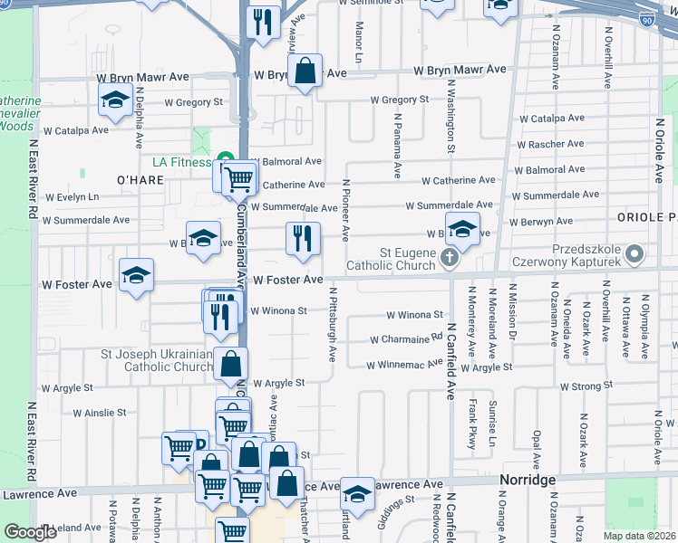 map of restaurants, bars, coffee shops, grocery stores, and more near 5231 North Pittsburgh Avenue in Chicago
