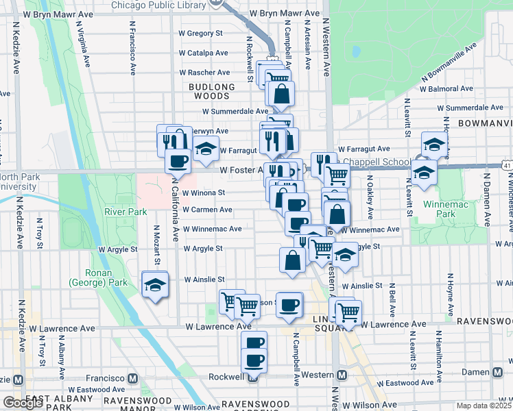 map of restaurants, bars, coffee shops, grocery stores, and more near 2544 West Carmen Avenue in Chicago