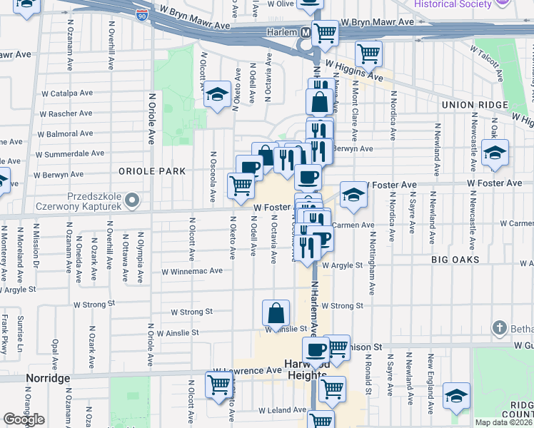 map of restaurants, bars, coffee shops, grocery stores, and more near 7305 West Foster Avenue in Harwood Heights
