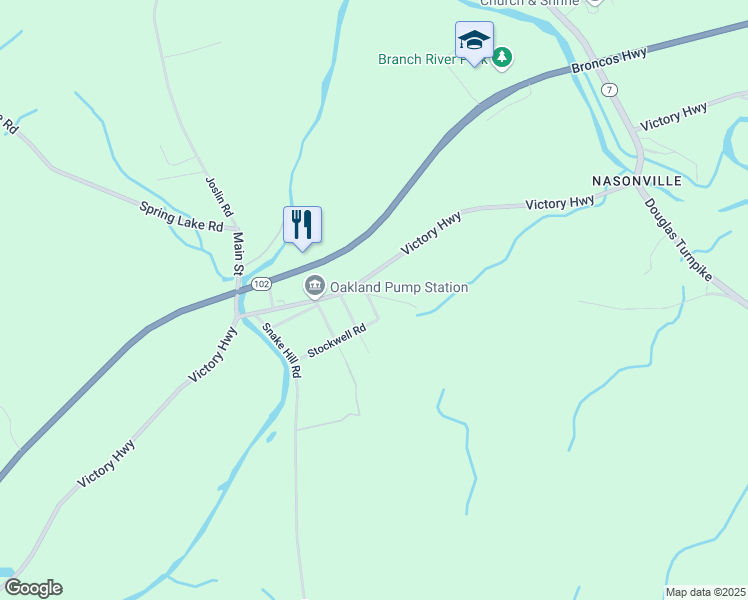 map of restaurants, bars, coffee shops, grocery stores, and more near 10 Woodside Road in Burrillville