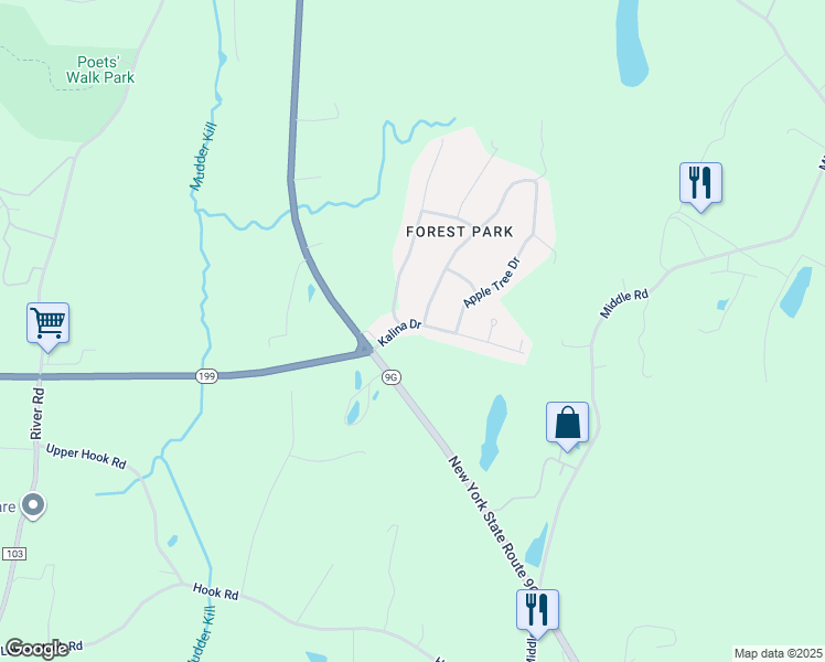 map of restaurants, bars, coffee shops, grocery stores, and more near 4 Kalina Drive in Rhinebeck