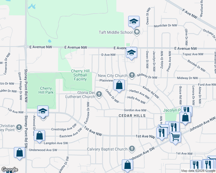 map of restaurants, bars, coffee shops, grocery stores, and more near 5483 Plainview Drive Northwest in Cedar Rapids