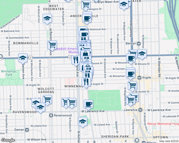 map of restaurants, bars, coffee shops, grocery stores, and more near 1472 West Carmen Avenue in Chicago