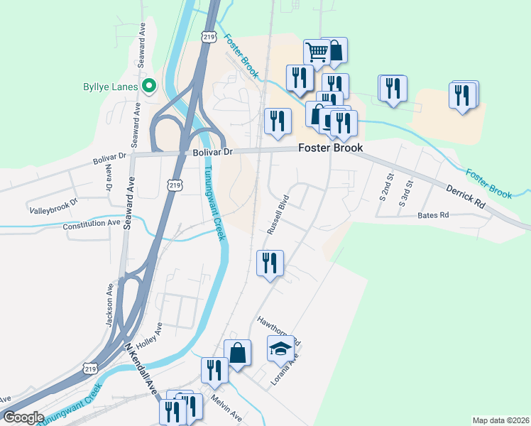 map of restaurants, bars, coffee shops, grocery stores, and more near 33-69 Wildwood Ave in Bradford