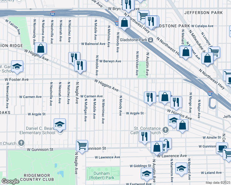 map of restaurants, bars, coffee shops, grocery stores, and more near 6161 West Higgins Avenue in Chicago