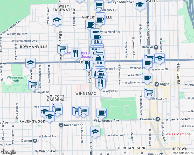map of restaurants, bars, coffee shops, grocery stores, and more near 1507 West Carmen Avenue in Chicago