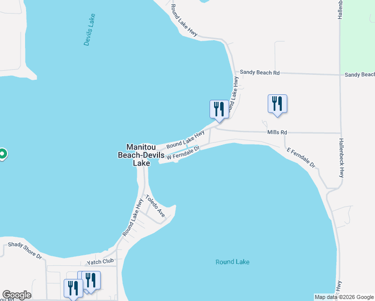map of restaurants, bars, coffee shops, grocery stores, and more near 10719 West Ferndale Drive in Manitou Beach-Devils Lake