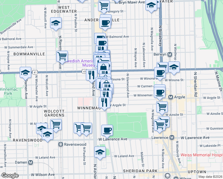 map of restaurants, bars, coffee shops, grocery stores, and more near 1459 West Carmen Avenue in Chicago