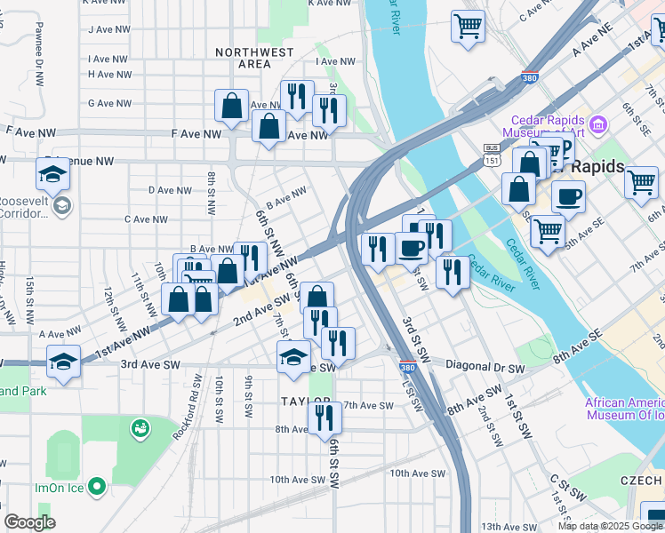 map of restaurants, bars, coffee shops, grocery stores, and more near 346 2nd Avenue Southwest in Cedar Rapids