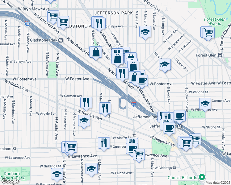 map of restaurants, bars, coffee shops, grocery stores, and more near 5146 North Avondale Avenue in Chicago