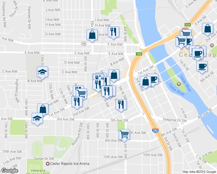 map of restaurants, bars, coffee shops, grocery stores, and more near 602 1st Avenue Southwest in Cedar Rapids