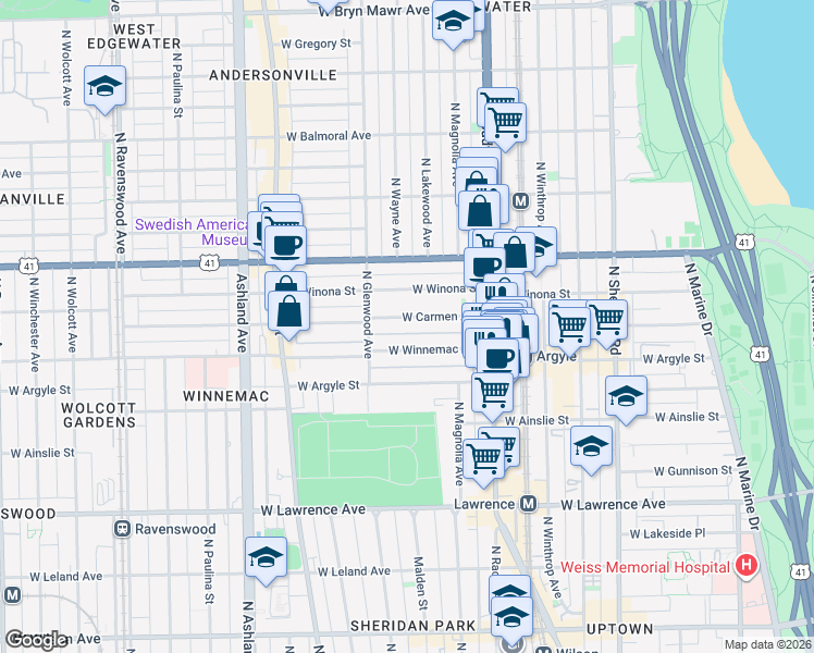 map of restaurants, bars, coffee shops, grocery stores, and more near 1321 West Carmen Avenue in Chicago