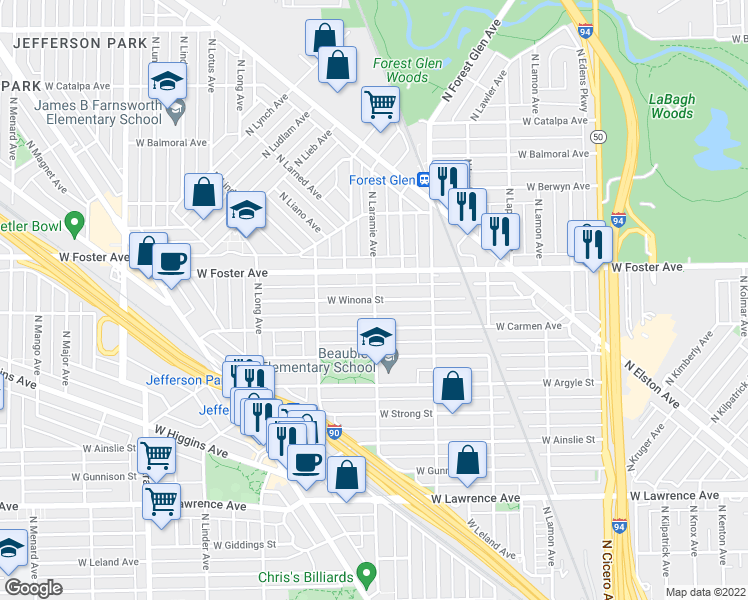map of restaurants, bars, coffee shops, grocery stores, and more near 5201 West Winona Street in Chicago