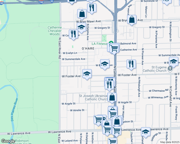 map of restaurants, bars, coffee shops, grocery stores, and more near 5216 North Delphia Avenue in Norridge