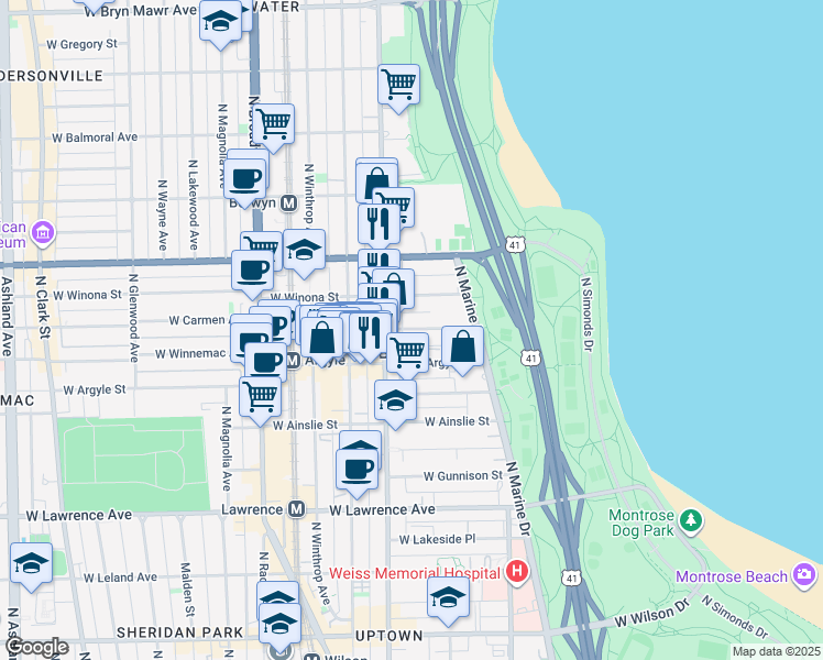 map of restaurants, bars, coffee shops, grocery stores, and more near 932 West Carmen Avenue in Chicago