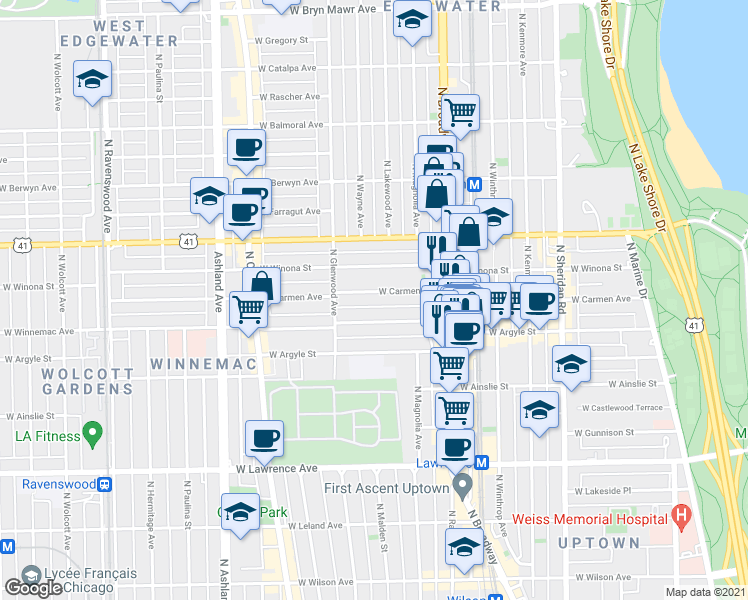 map of restaurants, bars, coffee shops, grocery stores, and more near 1319 West Carmen Avenue in Chicago