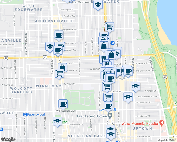 map of restaurants, bars, coffee shops, grocery stores, and more near 1321 West Carmen Avenue in Chicago
