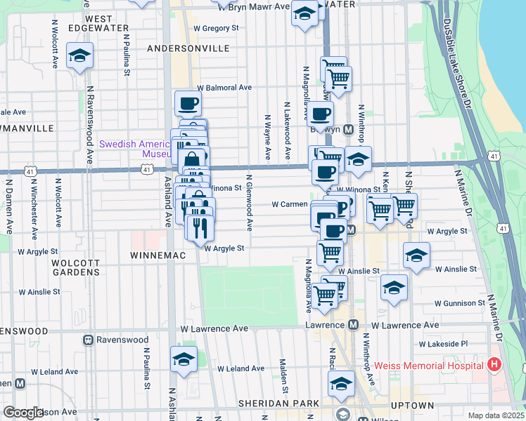 map of restaurants, bars, coffee shops, grocery stores, and more near 5063 North Glenwood Avenue in Chicago