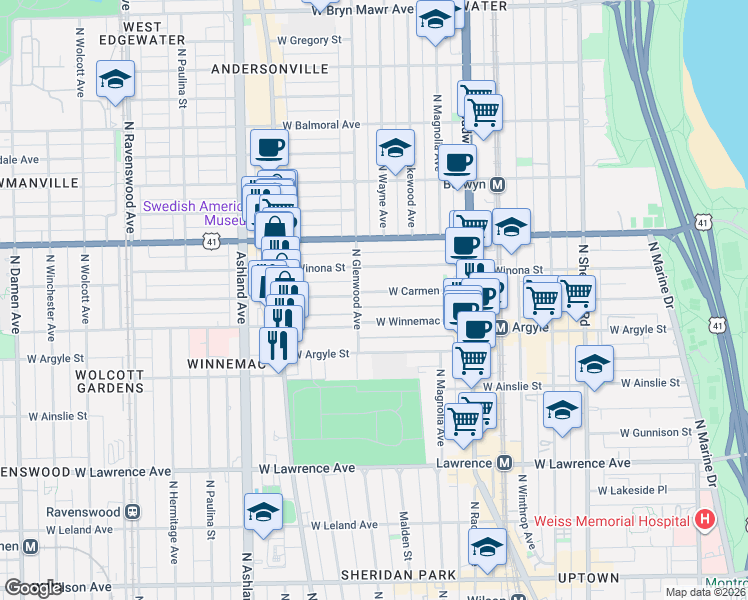 map of restaurants, bars, coffee shops, grocery stores, and more near 5063 North Glenwood Avenue in Chicago