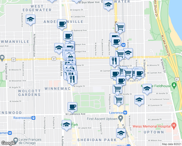 map of restaurants, bars, coffee shops, grocery stores, and more near 5063 North Glenwood Avenue in Chicago