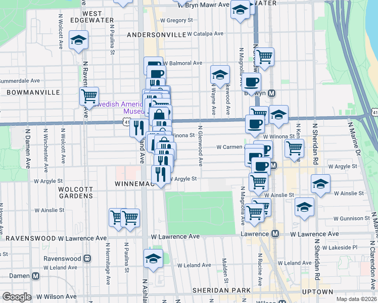 map of restaurants, bars, coffee shops, grocery stores, and more near 1430 West Carmen Avenue in Chicago