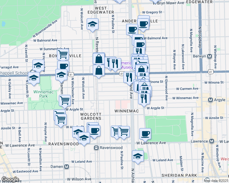 map of restaurants, bars, coffee shops, grocery stores, and more near 1660 West Carmen Avenue in Chicago