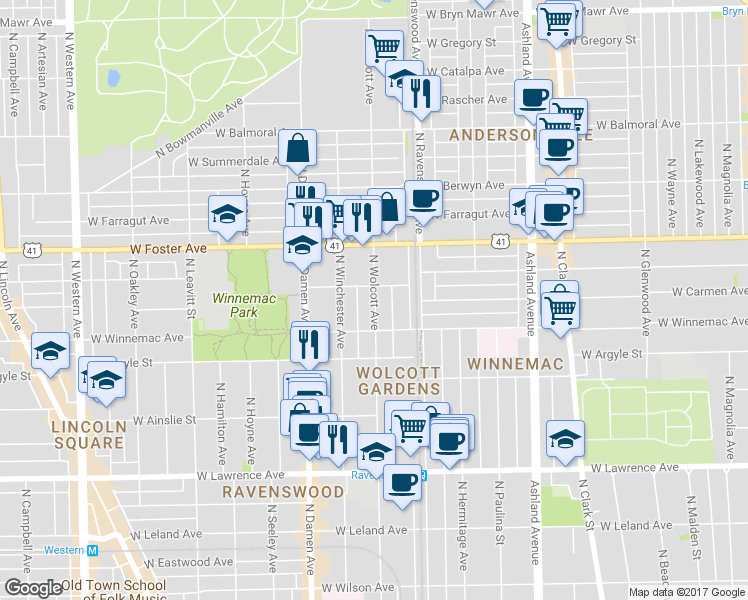 map of restaurants, bars, coffee shops, grocery stores, and more near 1901 West Winona Street in Chicago