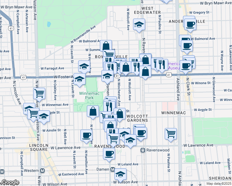 map of restaurants, bars, coffee shops, grocery stores, and more near 5074 North Winchester Avenue in Chicago