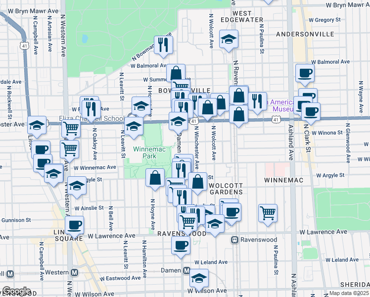 map of restaurants, bars, coffee shops, grocery stores, and more near 5100 North Damen Avenue in Chicago