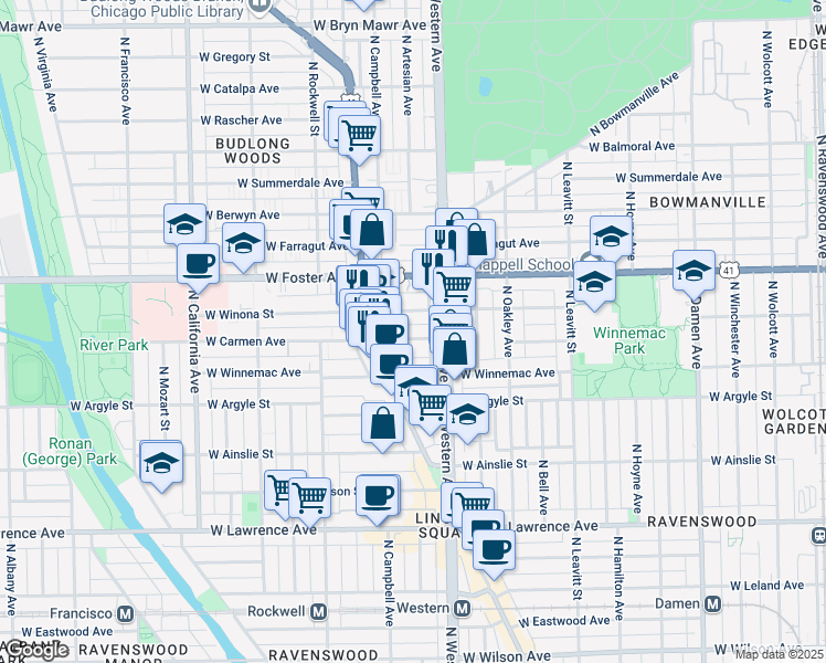 map of restaurants, bars, coffee shops, grocery stores, and more near 2421 West Winona Street in Chicago