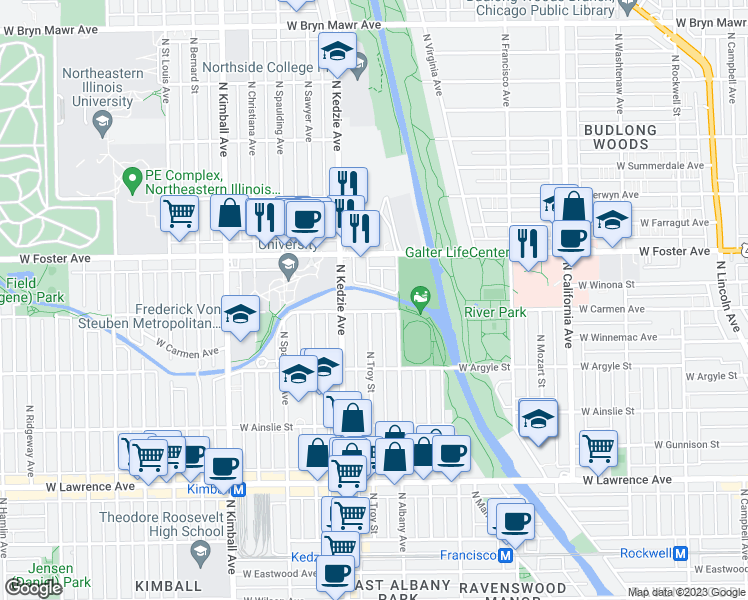 map of restaurants, bars, coffee shops, grocery stores, and more near 5100 North Albany Avenue in Chicago