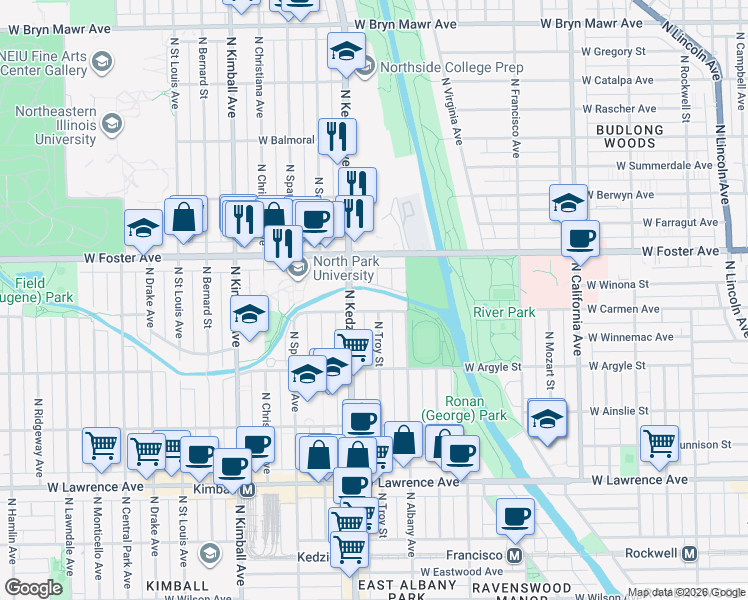 map of restaurants, bars, coffee shops, grocery stores, and more near 3146 West Carmen Avenue in Chicago