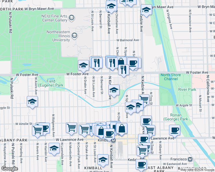 map of restaurants, bars, coffee shops, grocery stores, and more near 5116 North Kimball Avenue in Chicago