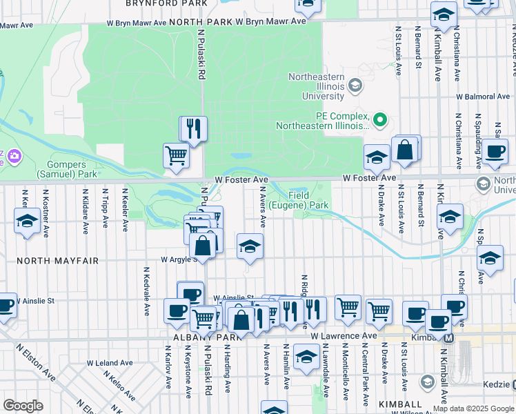 map of restaurants, bars, coffee shops, grocery stores, and more near 5128 North Avers Avenue in Chicago