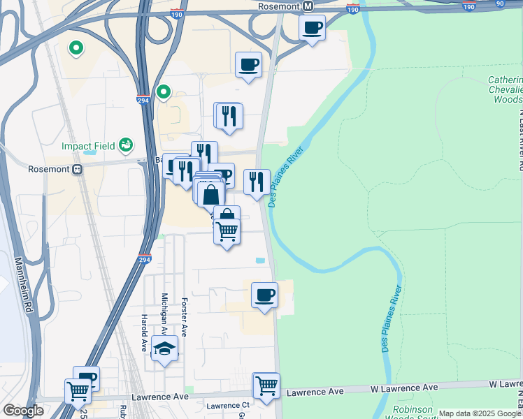 map of restaurants, bars, coffee shops, grocery stores, and more near 5340 Des Plaines River Road in Schiller Park