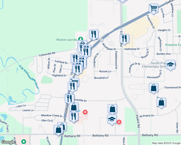 map of restaurants, bars, coffee shops, grocery stores, and more near 1705 Longwood Drive in Sycamore